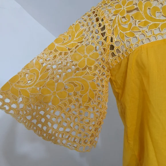 (30) vtg 1960s era ultra boho hippie yellow eyelet embroidered bell sleeve blous - Picture 3 of 3